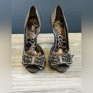 Sam Edelman Bronze Peep-Toe Heels with Embellished Bow